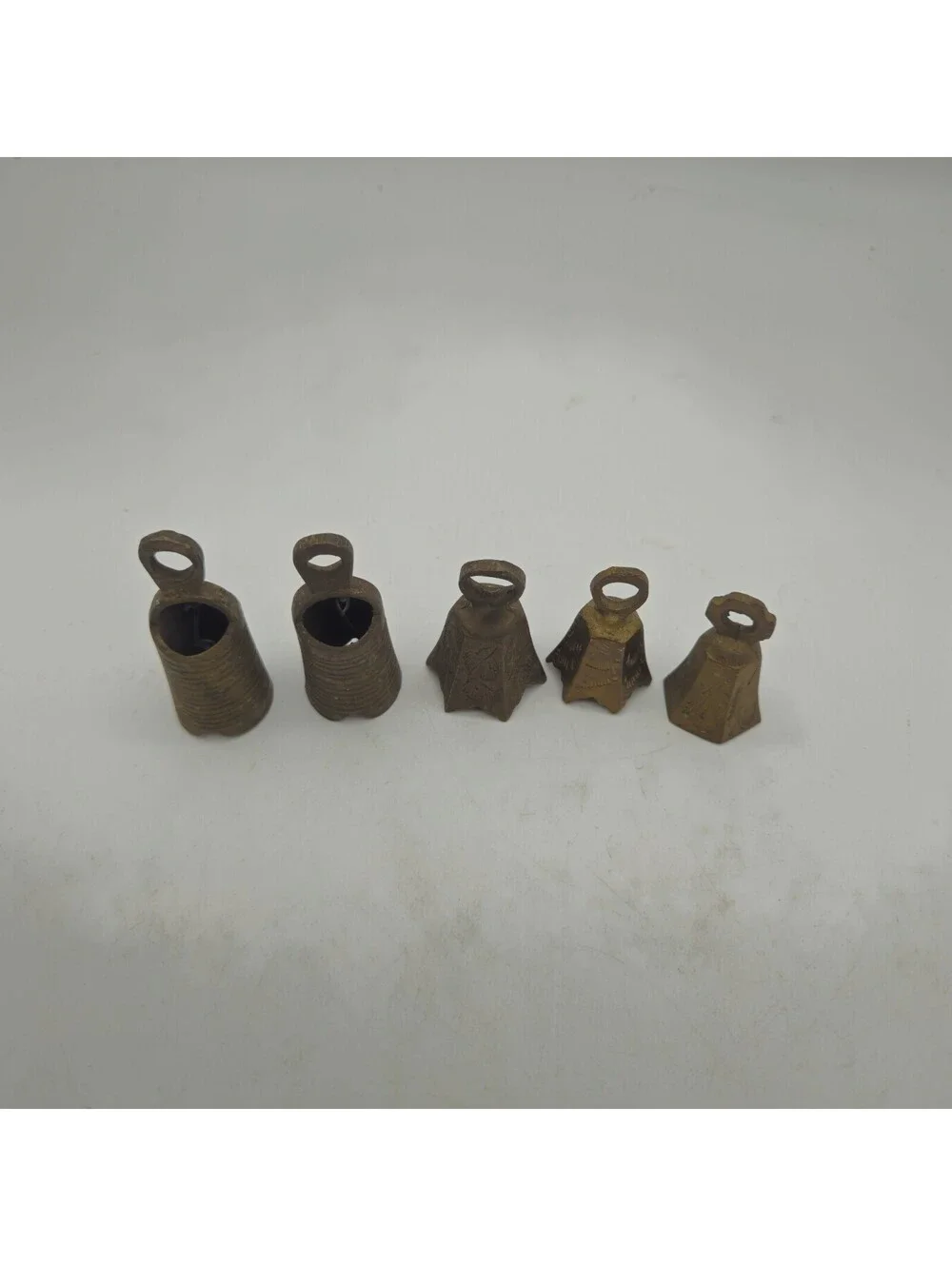 Vintage Lot Of 5 Brass Mini Bells Etched Ribbed India